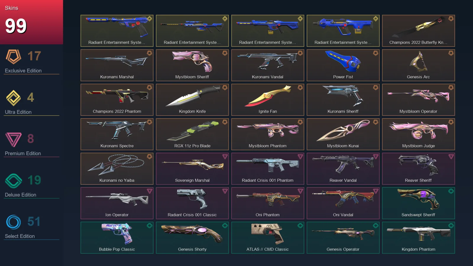 EU | Lv500 | Unranked | 99 Skin | 28 Agent | 207 Buddy