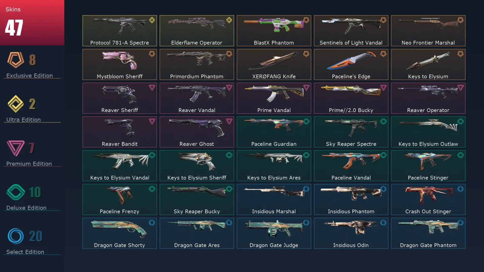 [Valorant] | EU | Level 33 | Platinum 2 | 12 Agents | 47 Skins
