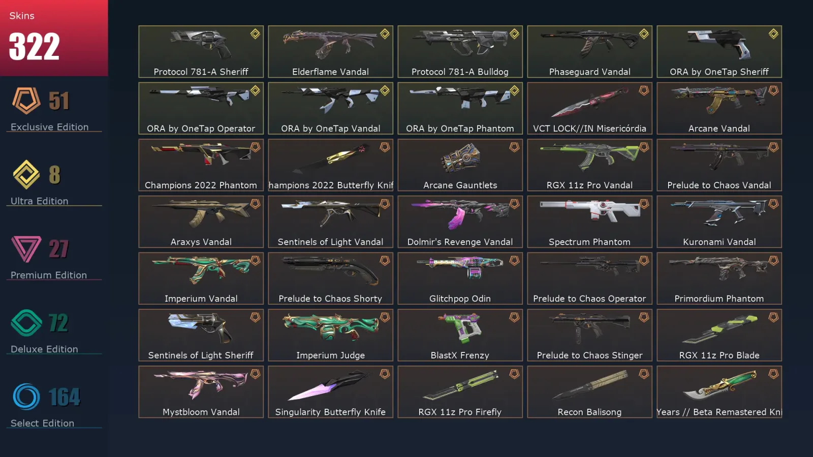 [Valorant] | EU | Level 500 | 29 Agents | 322 Skins