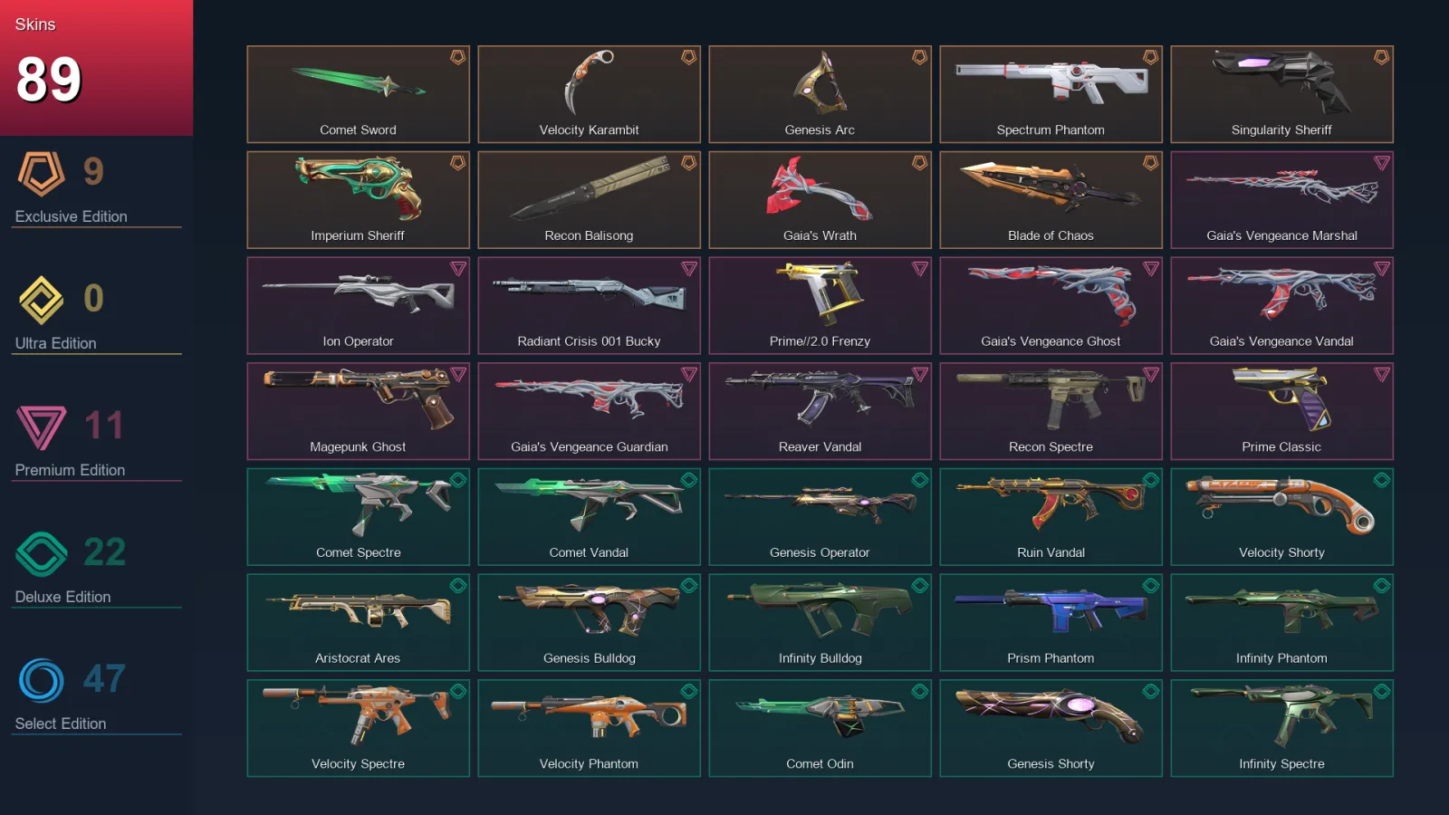 AP | Comet Sword | Velocity Karambit | Genesis Arc | Spectrum Phantom | 89 Skin | 29 Agent | 133 Buddy | Lv211