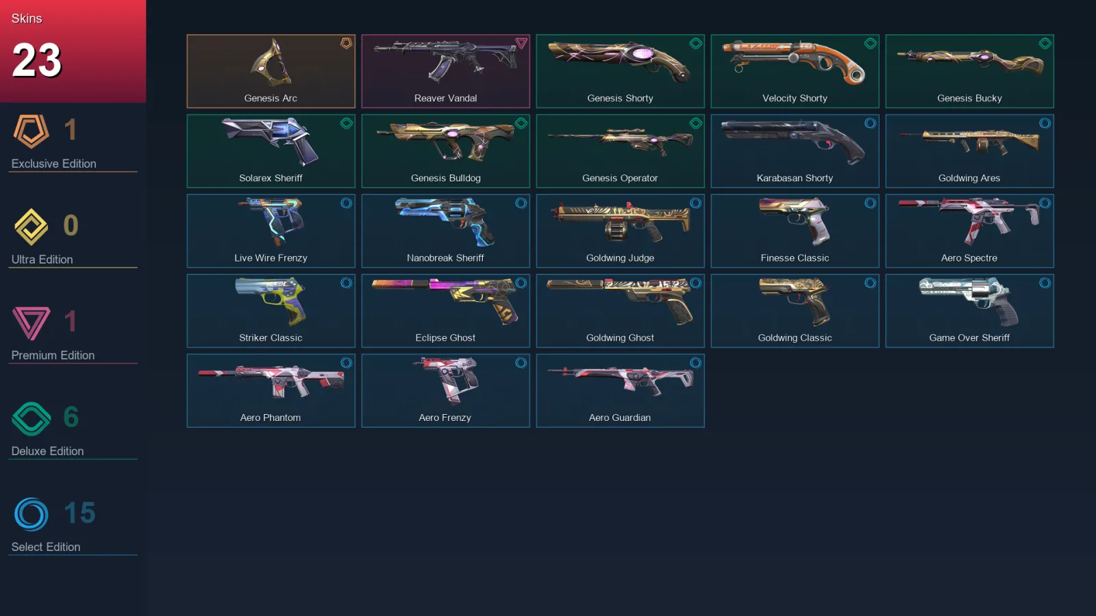AP | Genesis Arc | Reaver Vandal | Genesis Shorty | Velocity Shorty | 23 Skin | 27 Agent | 77 Buddy | Lv224