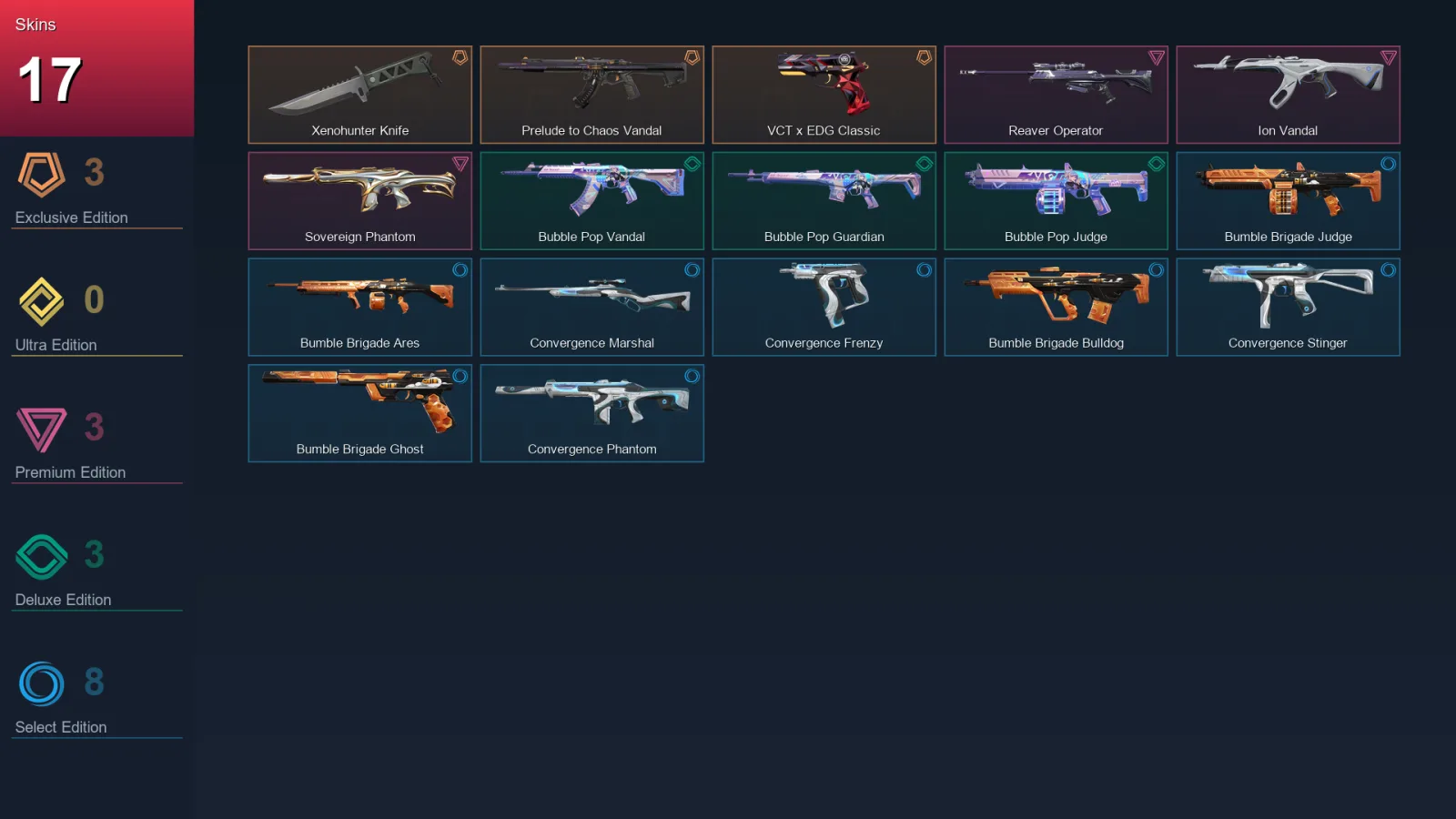 AP | Xenohunter Knife | Prelude to Chaos Vandal | VCT x EDG Classic | Reaver Operator | 17 Skin | 20 Agent | 25 Buddy | Lv44