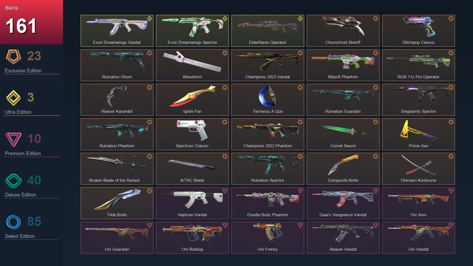NA | Lv164 | Unranked | 161 Skin | 26 Agent | 148 Buddy