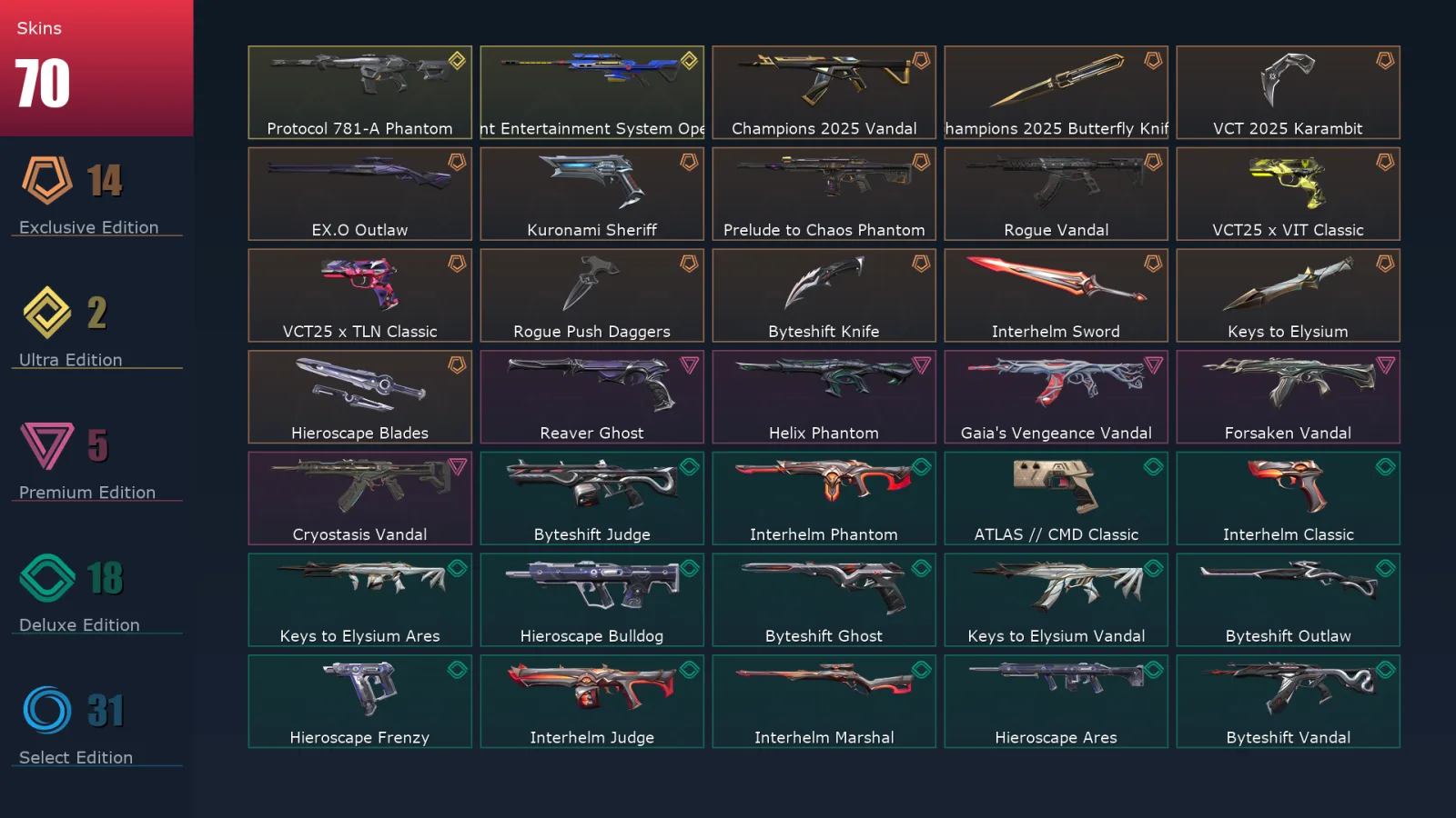 [Valorant] | EU | Level 126 | Ascendant 1 | 28 Agents | 70 Skins