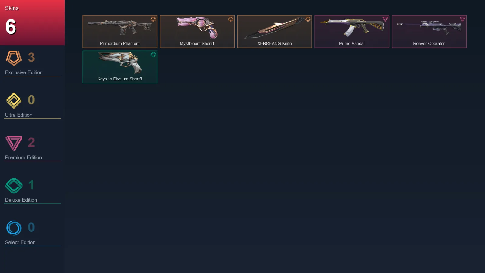 AP | Primordium Phantom | Mystbloom Sheriff | XERØFANG Knife | Prime Vandal | 6 Skin | 10 Agent | 10 Buddy | Lv28