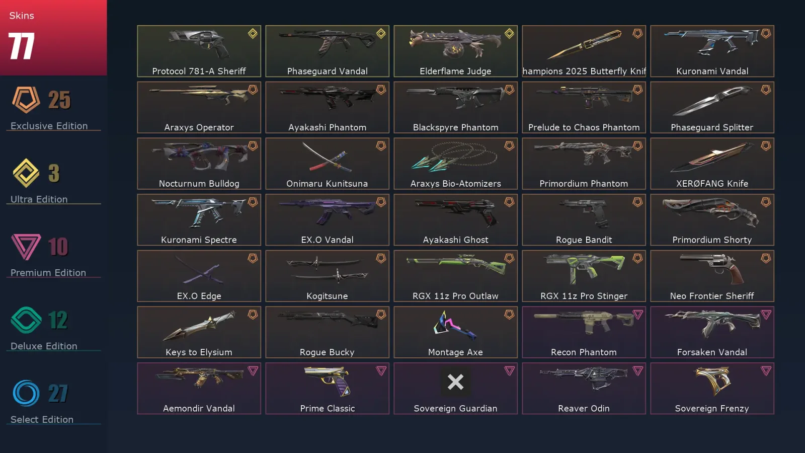 [Valorant] | EU | Level 96 | Platinum 2 | 27 Agents | 77 Skins