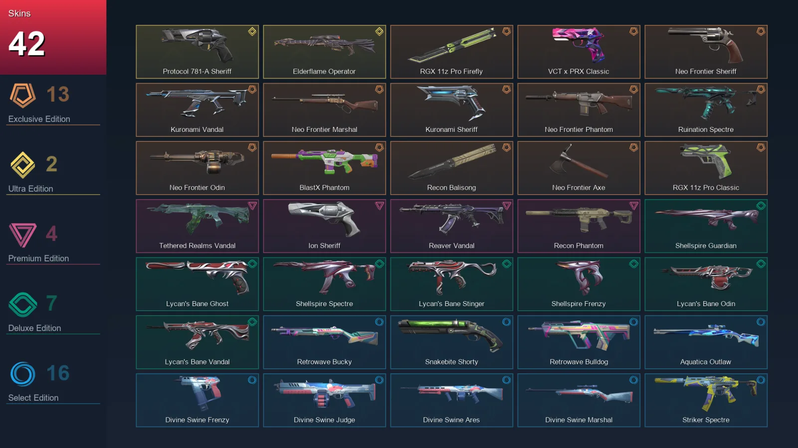 EU | RGX 11z Pro Firefly | VCT x PRX Classic | Neo Frontier Sheriff | Kuronami Vandal | 42 Skin | 27 Agent | 79 Buddy | Lv124
