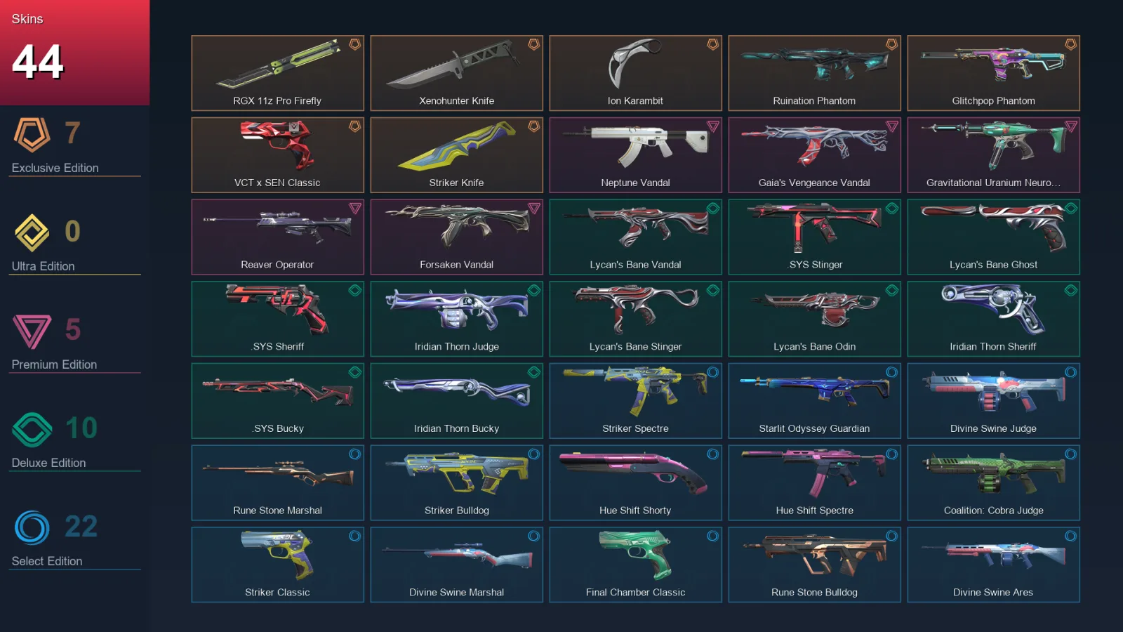 EU | RGX 11z Pro Firefly | Xenohunter Knife | Ion Karambit | Ruination Phantom | 44 Skin | 19 Agent | 42 Buddy | Lv75