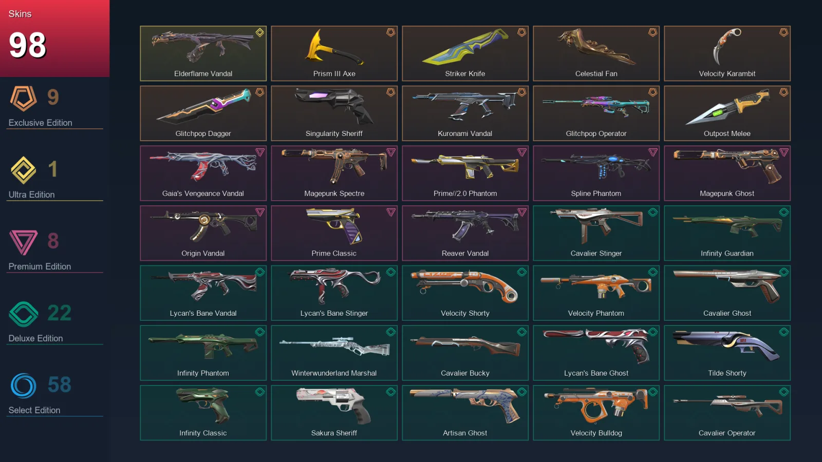 EU | Prism III Axe | Striker Knife | Celestial Fan | Velocity Karambit | 98 Skin | 25 Agent | 129 Buddy | Lv387