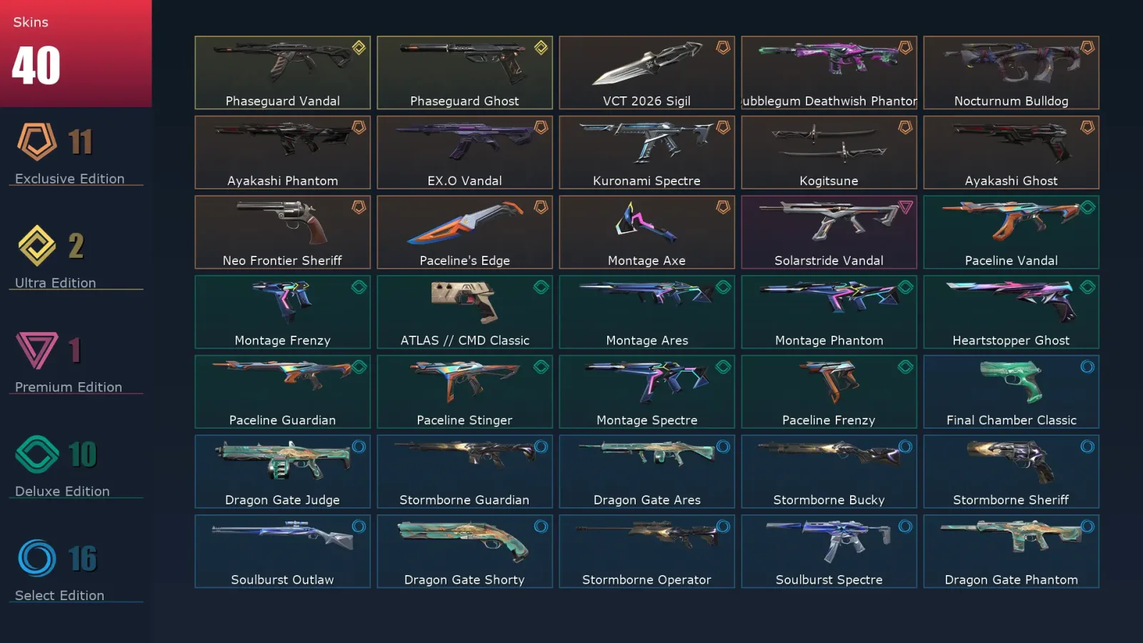[Valorant] | EU | Level 200 | Platinum 2 | 29 Agents | 40 Skins