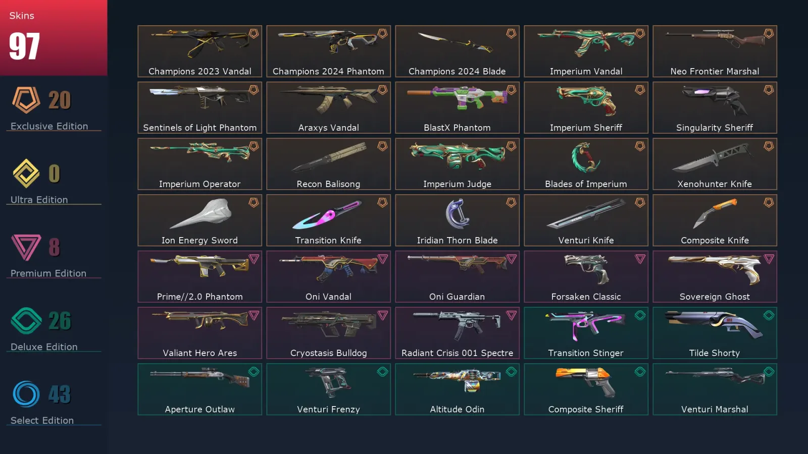 [Valorant] | EU | Level 267 | Silver 1 | 29 Agents | 97 Skins