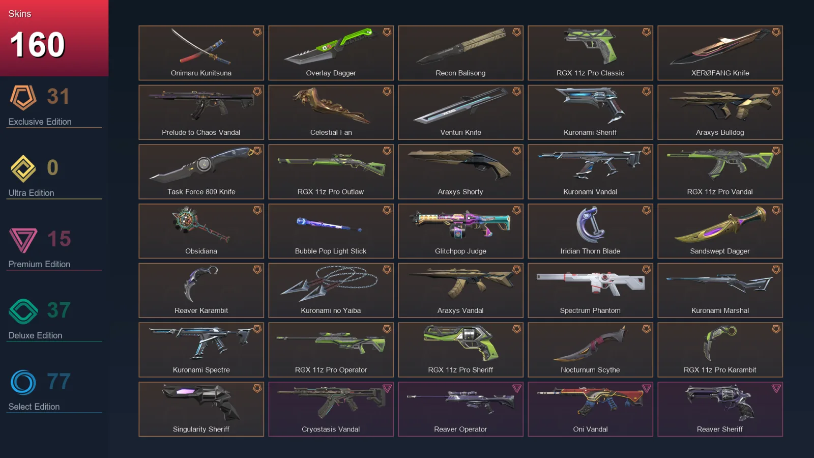 EU | Lv304 | Gold I | 160 Skin | 27 Agent | 155 Buddy — Valorant account