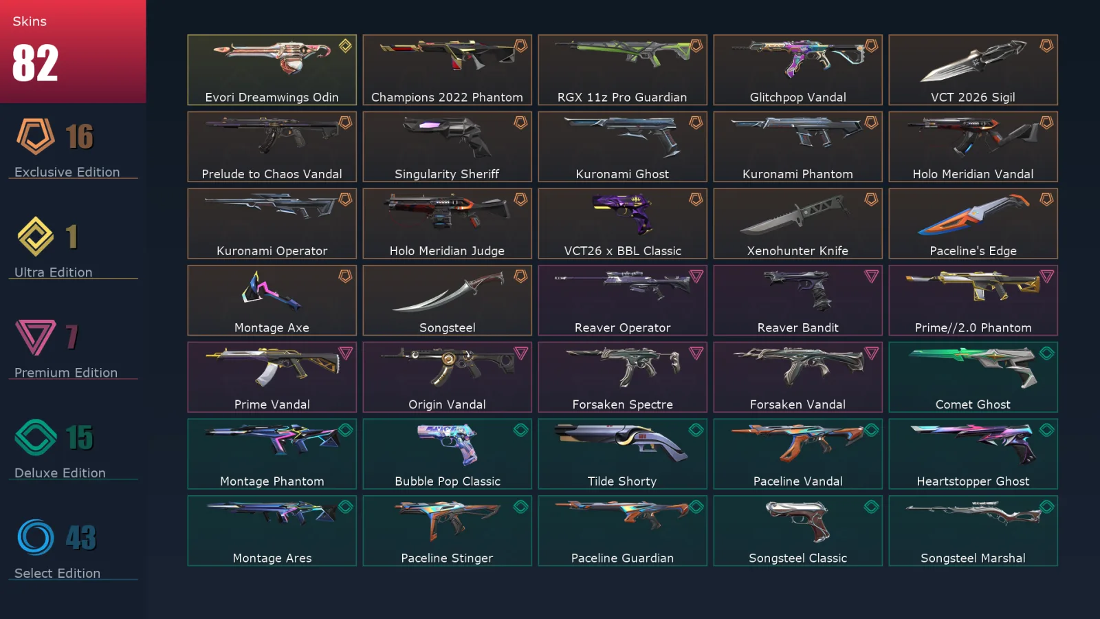 [Valorant] | EU | Level 344 | Gold 3 | 29 Agents | 82 Skins