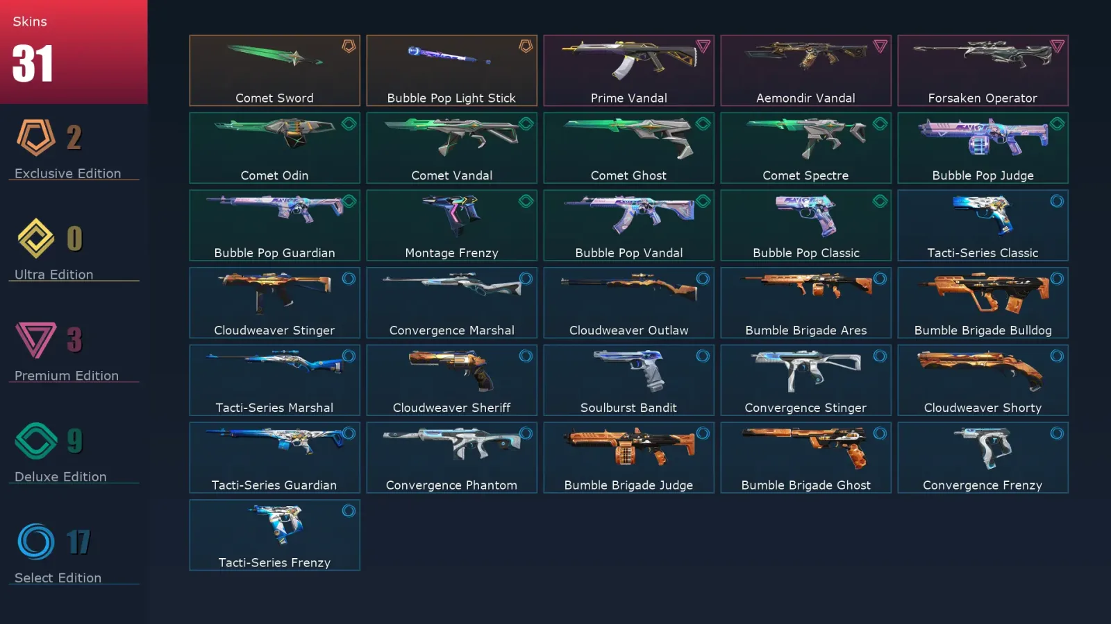 [Valorant] | EU | Level 101 | Gold 2 | 25 Agents | 31 Skins — Comet Spectre