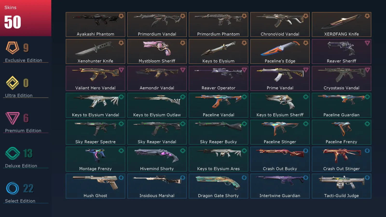 [Valorant] | EU | Level 142 | Platinum 3 | 23 Agents | 50 Skins