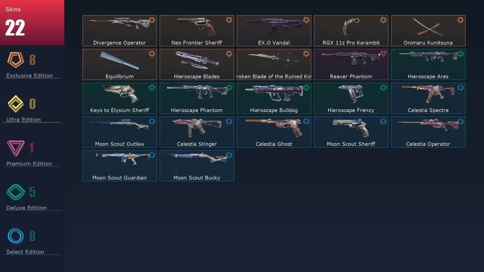 [Valorant] | EU | Level 59 | Bronze 2 | 18 Agents | 22 Skins