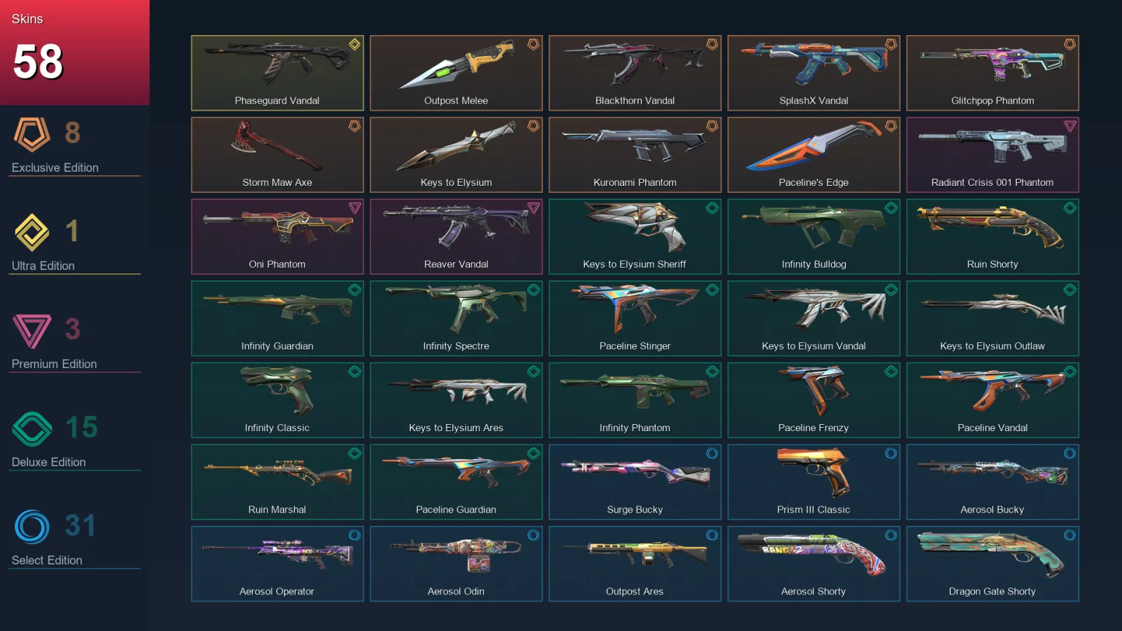 AP | Outpost Melee | Blackthorn Vandal | SplashX Vandal | Glitchpop Phantom | 58 Skin | 28 Agent | 50 Buddy | Lv127