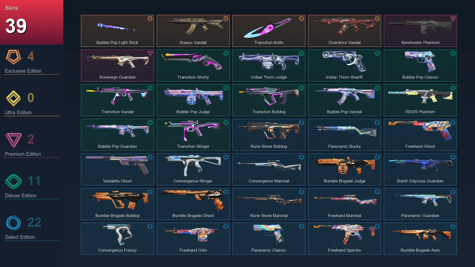 AP | Lv134 | Unranked | 39 Skin | 27 Agent | 65 Buddy — Rdvr Phantom