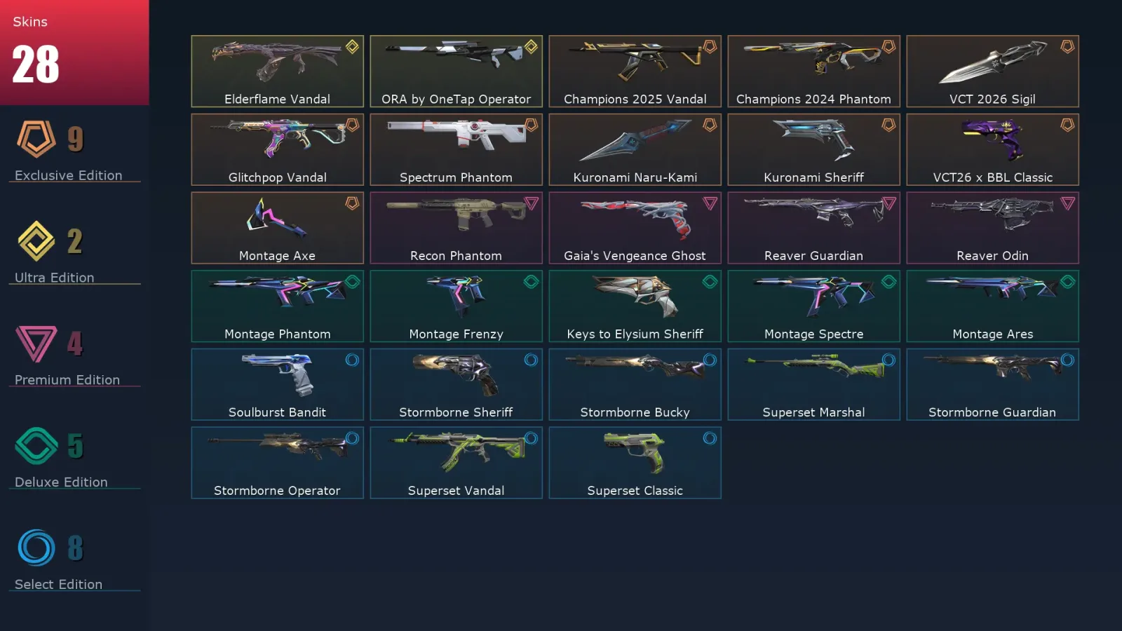 [Valorant] | EU | Level 108 | Platinum 2 | 25 Agents | 28 Skins