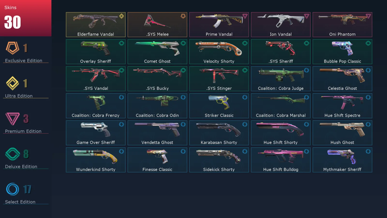 [Valorant] | EU | Level 259 | Diamond 3 | 29 Agents | 30 Skins