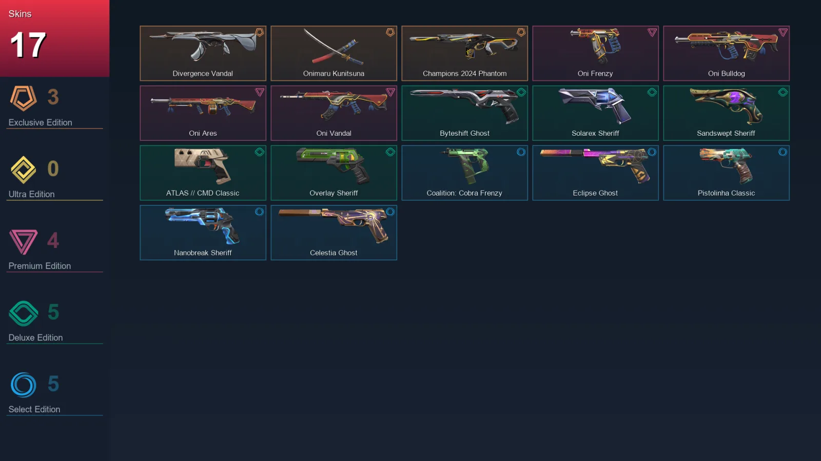AP | Lv270 | Unranked | 17 Skin | 28 Agent | 100 Buddy