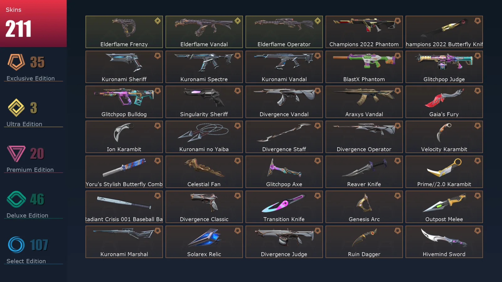 [Valorant] | EU | Level 500 | Platinum 1 | 28 Agents | 211 Skins