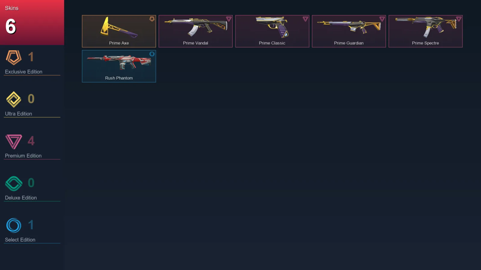 EU | Prime Axe | Prime Vandal | Prime Classic | Prime Guardian | 6 Skin | 8 Agent | 8 Buddy | Lv1