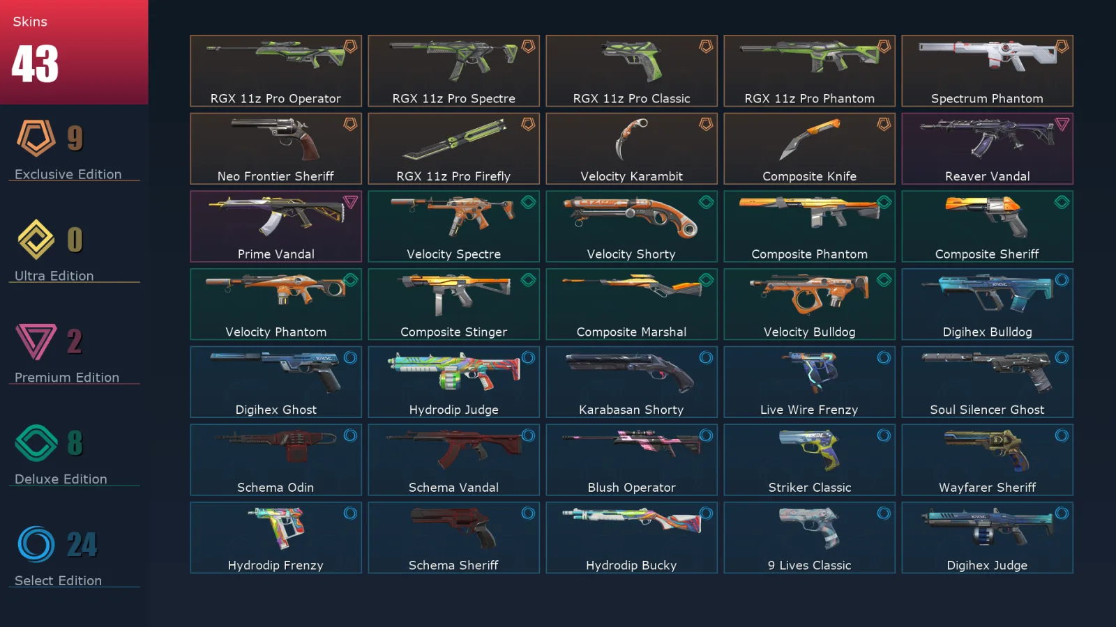[Valorant] | EU | Level 164 | 24 Agents | 43 Skins