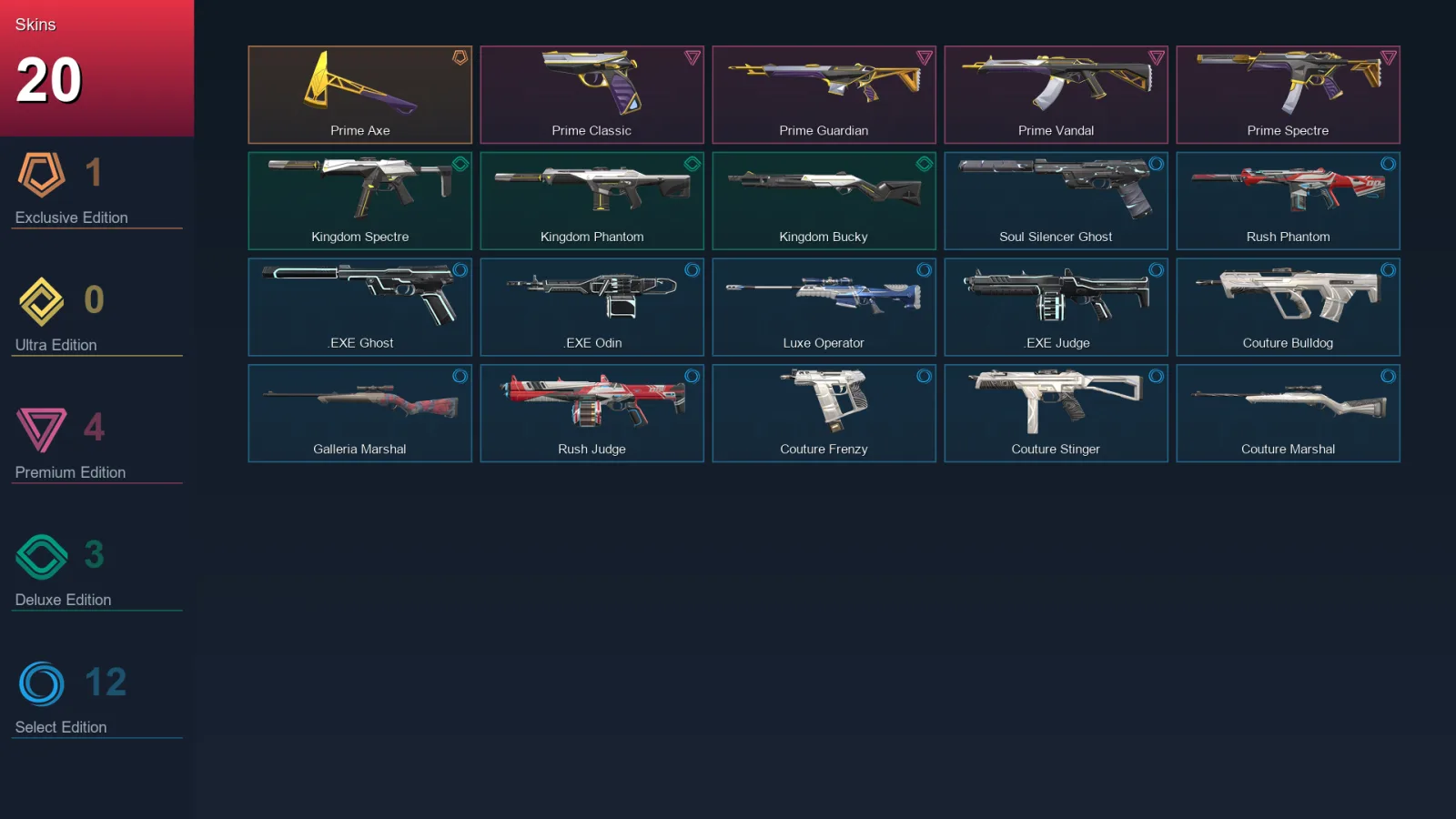 EU | Prime Axe | Prime Classic | Prime Guardian | Prime Vandal | 20 Skin | 13 Agent | 17 Buddy | Lv25