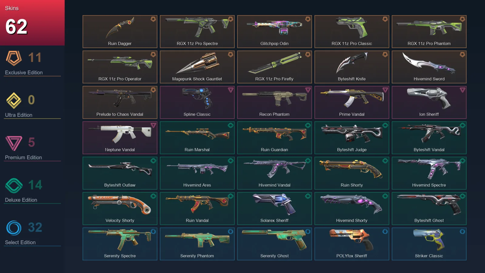 AP | Lv210 | Unranked | 62 Skin | 28 Agent | 116 Buddy