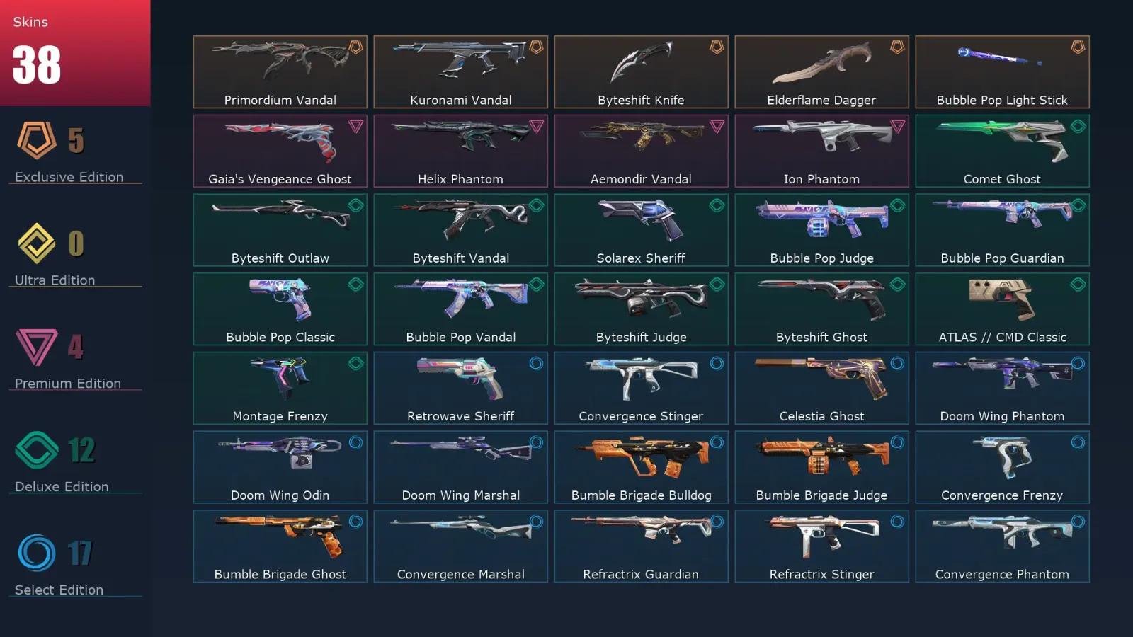 [Valorant] | EU | Level 174 | Diamond 3 | 29 Agents | 38 Skins