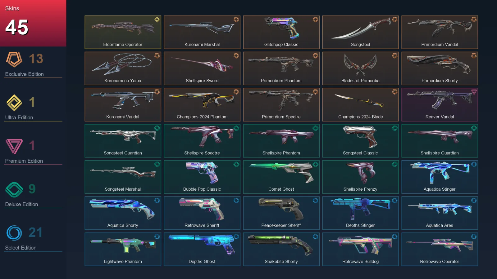AP | Kuronami Marshal | Glitchpop Classic | Songsteel | Primordium Vandal | 45 Skin | 28 Agent | 99 Buddy | Lv199