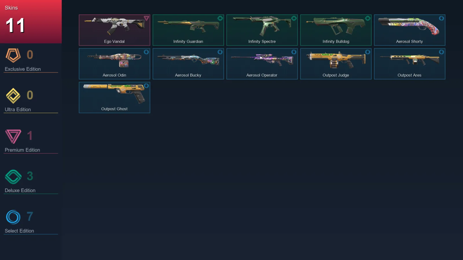 AP | Ego Vandal | Infinity Guardian | Infinity Spectre | Infinity Bulldog | 11 Skin | 7 Agent | 10 Buddy | Lv1
