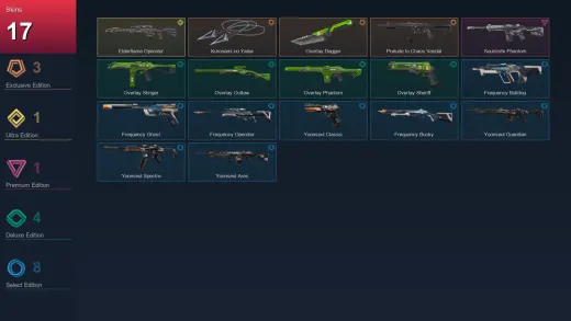 NA | Kuronami no Yaiba | Overlay Dagger | Prelude to Chaos Vandal | Elderflame Operator | 17 Skin | 9 Agent | 21 Buddy | Lv44