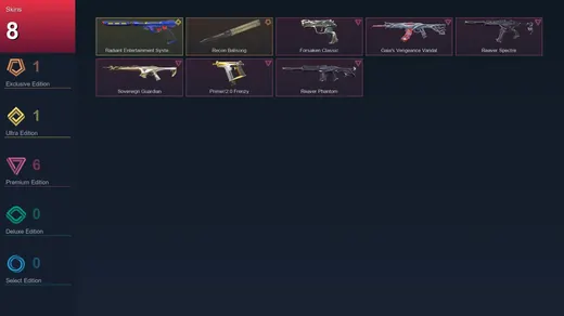 EU | Recon Balisong | Radiant Entertainment System Ghost | Forsaken Classic | Gaia's Vengeance Vandal | 8 Skin | 7 Agent | 3 Buddy | Lv20