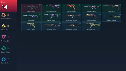 EU | Reaver Phantom | Heartstopper Ghost | Interhelm Classic | Montage Phantom | 14 Skin | 28 Agent | 34 Buddy | Lv84 — Valorant account