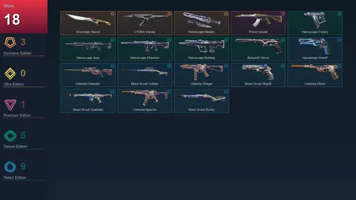 AP | Sovereign Sword | CYRAX Vandal | Hieroscape Blades | Prime Vandal | 18 Skin | 19 Agent | 21 Buddy | Lv53