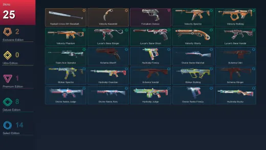 EU | Radiant Crisis 001 Baseball Bat | Velocity Karambit | Forsaken Classic | Velocity Spectre | 25 Skin | 16 Agent | 25 Buddy | Lv44