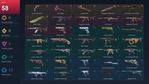 AP | Velocity Karambit | .SYS Melee | Celestial Fan | Magepunk Sparkswitch | 58 Skin | 26 Agent | 82 Buddy | Lv176 — Valorant account