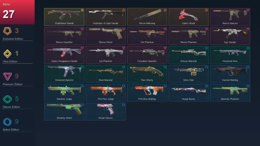 AP | Sentinels of Light Vandal | Recon Balisong | Gaia's Wrath | Elderflame Vandal | 27 Skin | 10 Agent | 20 Buddy | Lv28