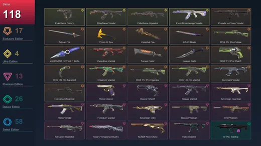 AP | Prelude to Chaos Vandal | Artisan Foil | Prism III Axe | Celestial Fan | 118 Skin | 26 Agent | 141 Buddy | Platinum II | Lv269 — Valorant account