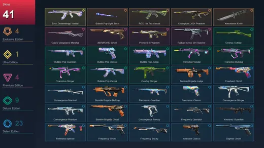 EU | Bubble Pop Light Stick | RGX 11z Pro Vandal | Champions 2024 Phantom | Xenohunter Knife | 41 Skin | 26 Agent | 38 Buddy | Lv95 — Valorant account