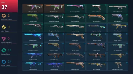 EU | Glitchpop Vandal | BlastX Spectre | Heartstopper Ghost | Songsteel Classic | 37 Skin | 27 Agent | 117 Buddy | Lv243