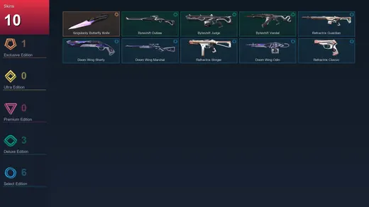 LA | Singularity Butterfly Knife | Byteshift Outlaw | Byteshift Judge | Byteshift Vandal | 10 Skin | 7 Agent | 10 Buddy | Lv21
