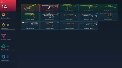 AP | Overlay Dagger | Prime Vandal | Overlay Stinger | Overlay Phantom | 14 Skin | 13 Agent | 19 Buddy | Lv37