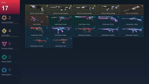 AP | ORA by OneTap Knife | Heart Splitter | ORA by OneTap Sheriff | ORA by OneTap Phantom | 17 Skin | 11 Agent | 12 Buddy | Lv36