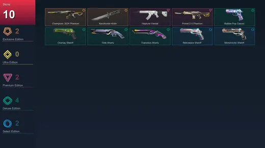 AP | Champions 2024 Phantom | Xenohunter Knife | Neptune Vandal | Prime//2.0 Phantom | 10 Skin | 25 Agent | 52 Buddy | Lv138