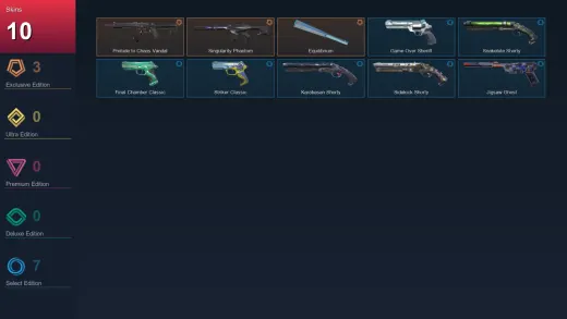 AP | Prelude to Chaos Vandal | Singularity Phantom | Equilibrium | Game Over Sheriff | 10 Skin | 28 Agent | 82 Buddy | Lv164