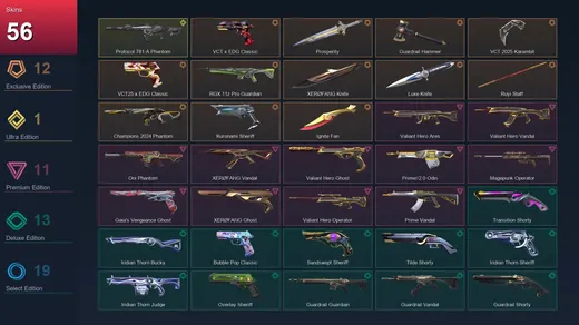 AP | VCT x EDG Classic | Prosperity | Guardrail Hammer | VCT 2025 Karambit | 56 Skin | 26 Agent | 82 Buddy | Silver II | Lv219 — Valorant account