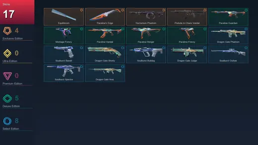 AP | Equilibrium | Paceline's Edge | Nocturnum Phantom | Prelude to Chaos Vandal | 17 Skin | 16 Agent | 17 Buddy | Lv52 — Valorant account